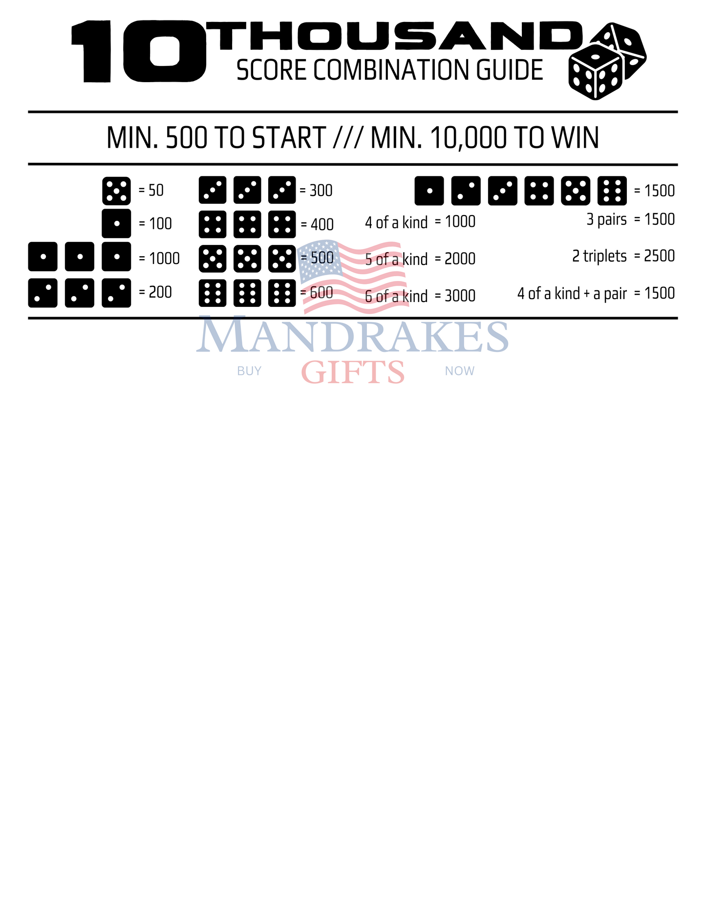 🎲 10Thousand Dice Game Score Card & Point Guide (Digital Download)