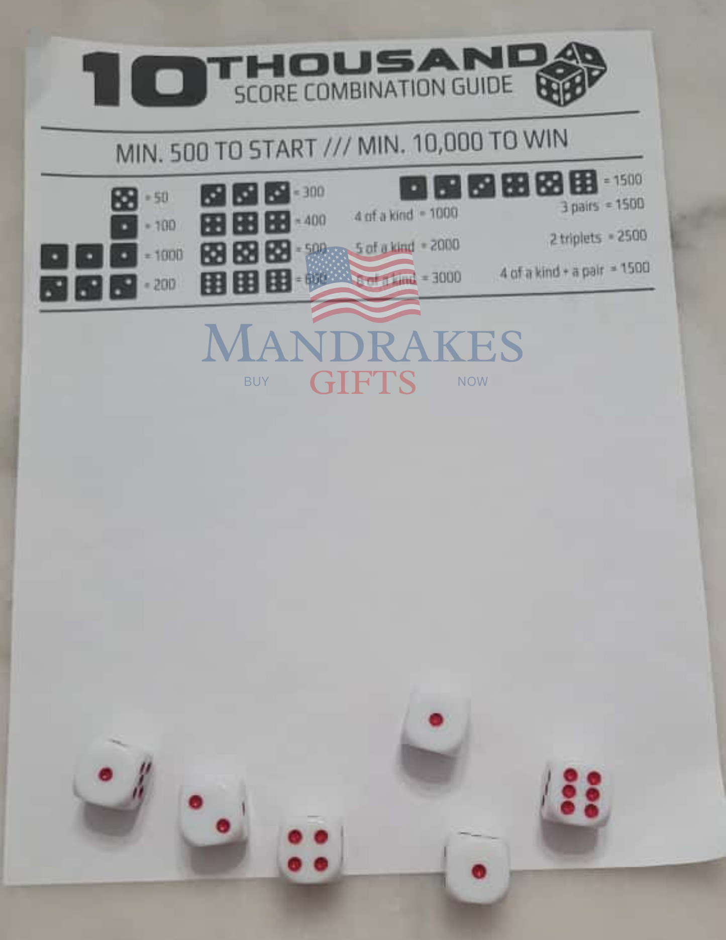 🎲 10Thousand Dice Game Score Card & Point Guide (Digital Download)