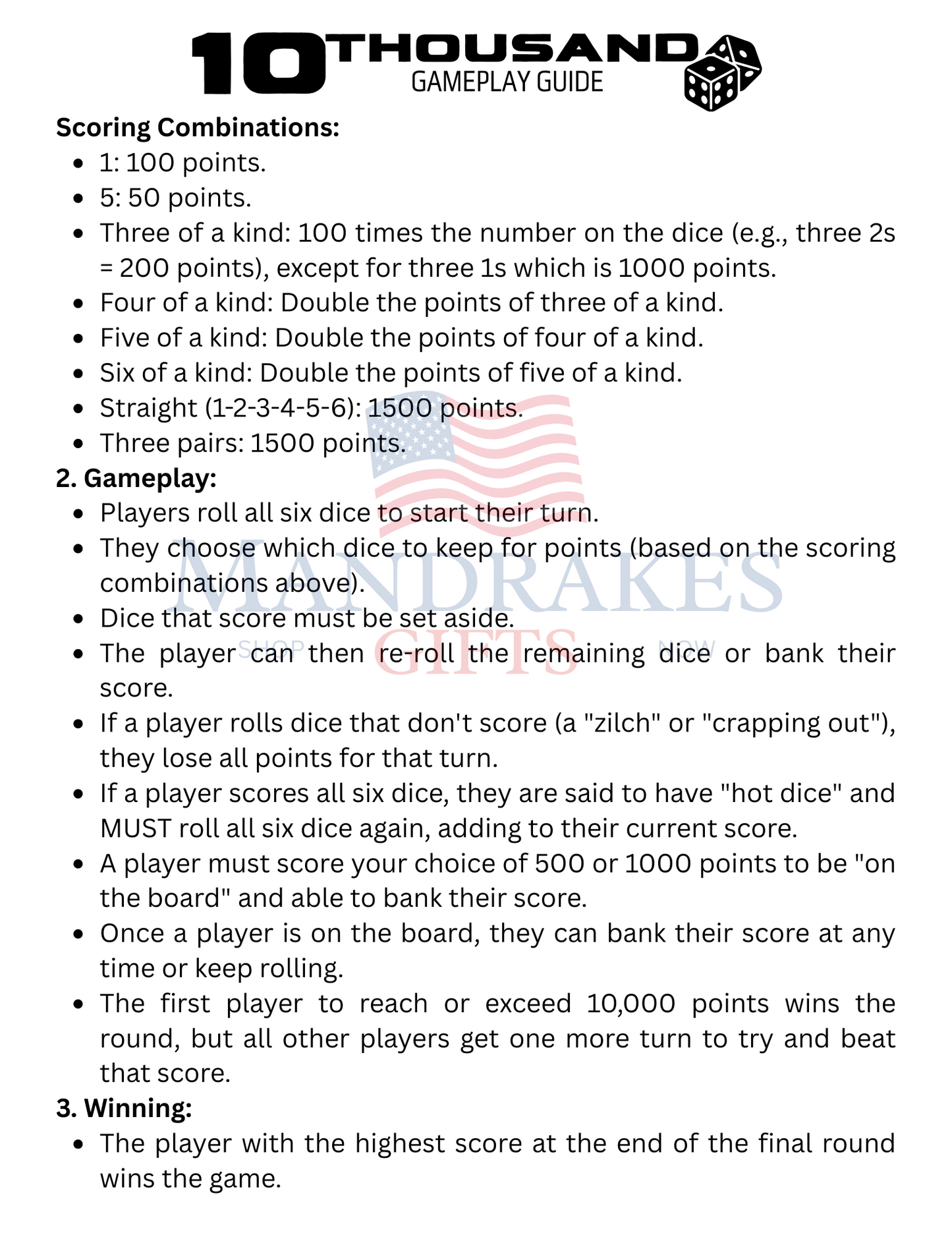 🎲 10Thousand Dice Game Score Card & Point Guide (Digital Download)
