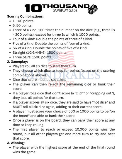 🎲 10Thousand Dice Game Score Card & Point Guide (Digital Download)